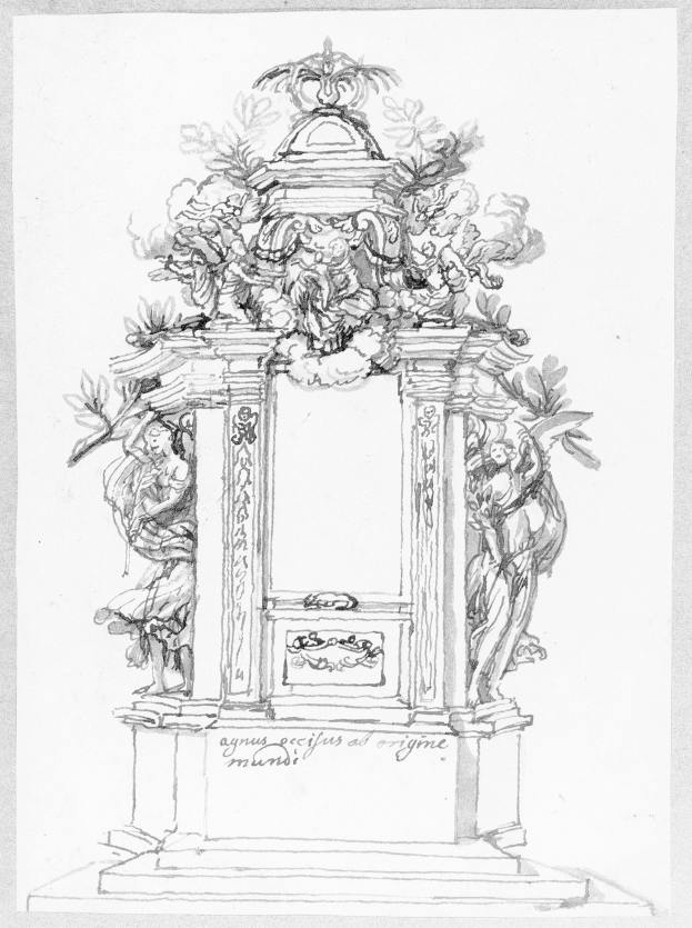 Eine schwarz-weiße Zeichnung eines prunkvollen Brunnens mit detaillierten Verzierungen und Text, gekrönt von einer Statue.