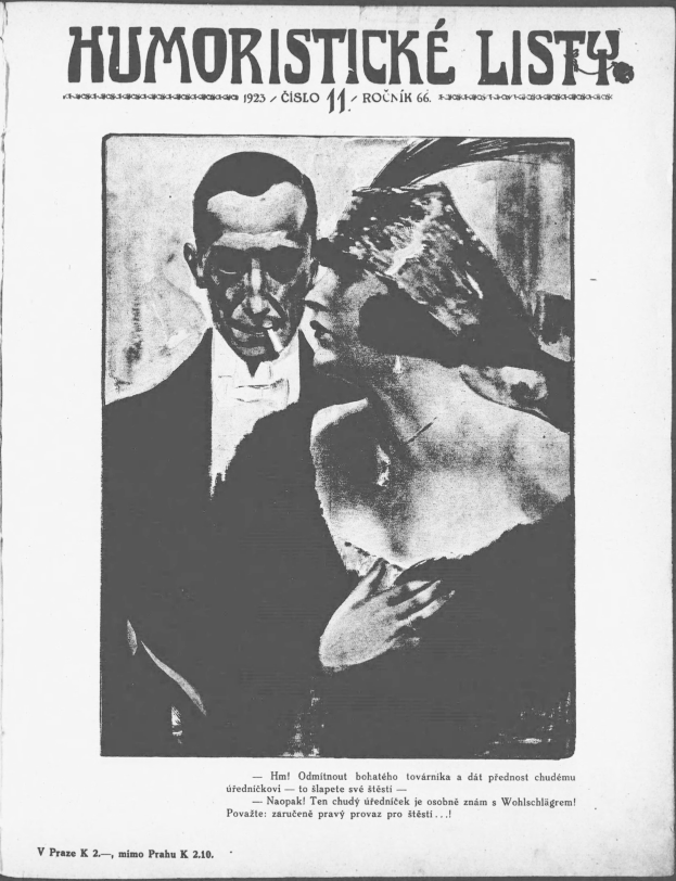 Schwarze und weiße Zeitschriftumschlag mit der Aufschrift 'Humoristische Liste', der einen Mann in Anzug mit ernster Miene und eine Frau mit leichtem Grinsen zeigt.