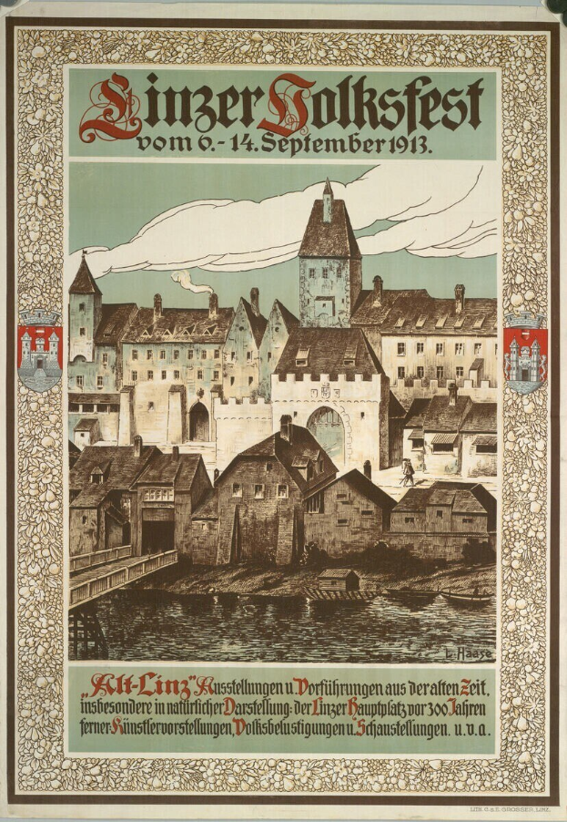 Ein altes deutsches Festivalplakat mit einer Burillustration umgeben von Häusern und Text.