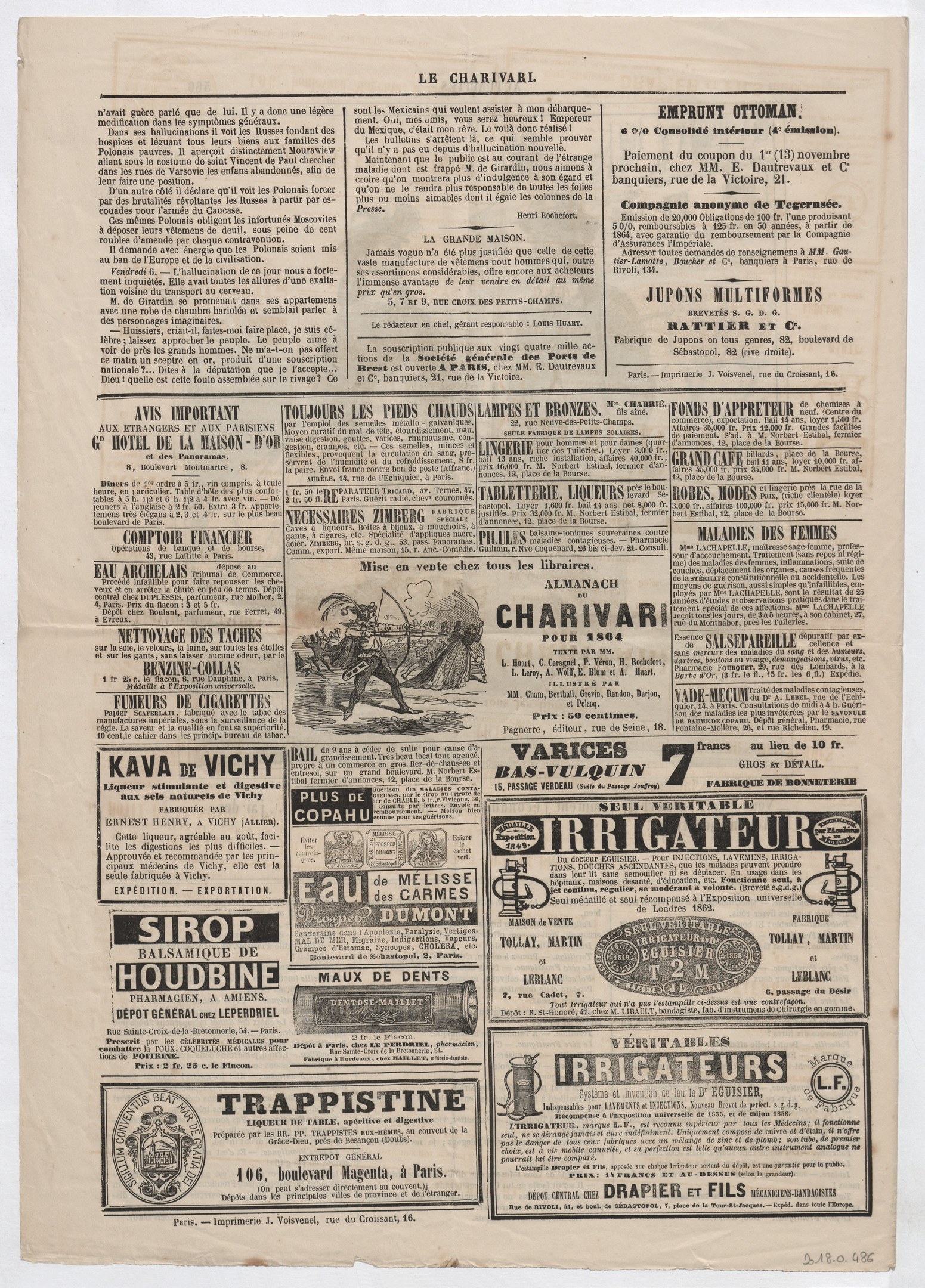 Alte Zeitung mit mehreren Anzeigen mit Text und Bildern.