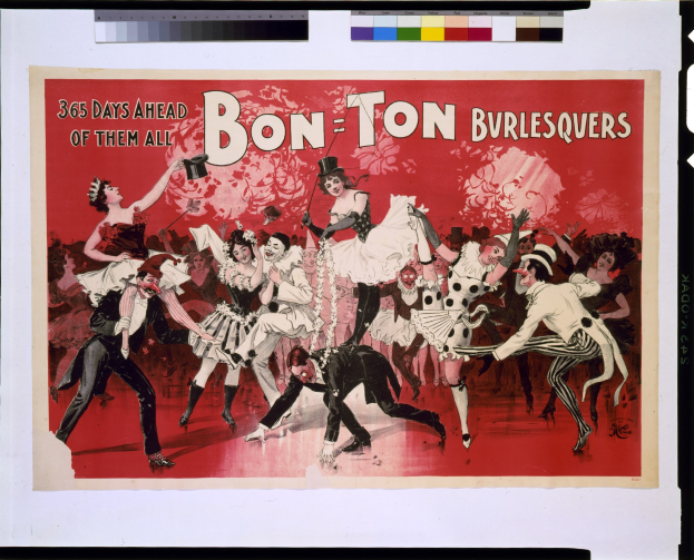 Ein Plakat mit dem Titel "Bon-Ton Burlesquers - 365 Tage voraus" zeigt eine Gruppe von Menschen in bunten Kostümen, die fr├Âhlich tanzen.