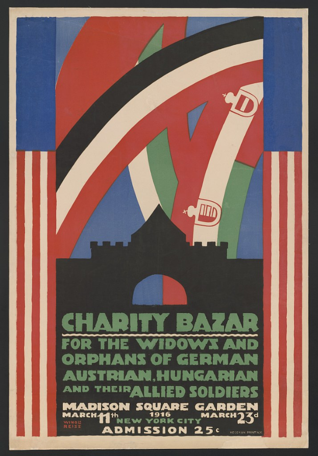 Charity-Bazar-Plakat für die Witwen und Waisen deutscher, australischer, ungarischer und alliierter Soldaten, mit Text.
