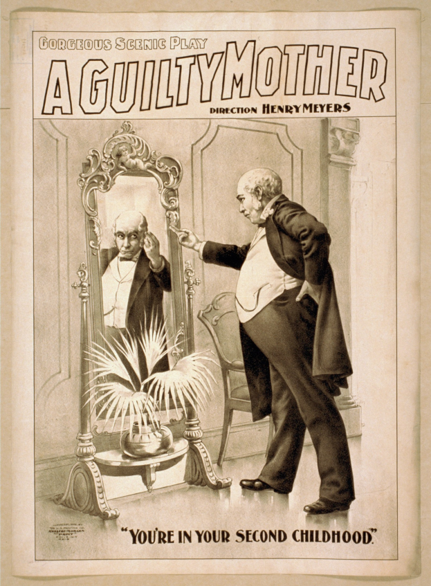 Plakat mit einem Mann, der vor einem Spiegel steht, im Hintergrund ein Stuhl und eine Pflanze, Text lautet "Eine schuldige Mutter - Du bist in deiner zweiten Kindheit".