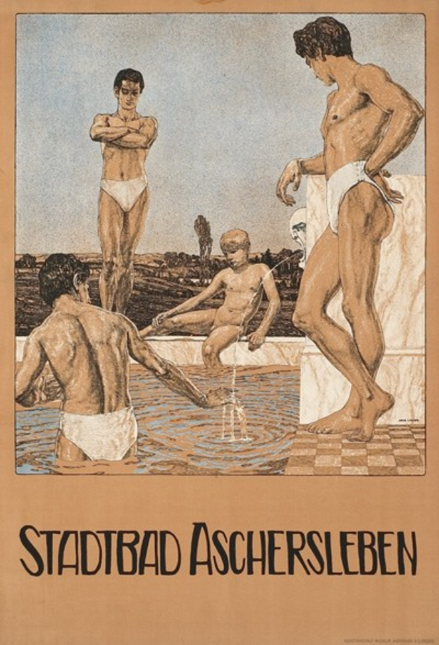 Plakat wirbt für ein Schwimmbad in Aschersleben, Deutschland, mit Menschen im Wasser und einem sitzenden Menschen sowie Text.