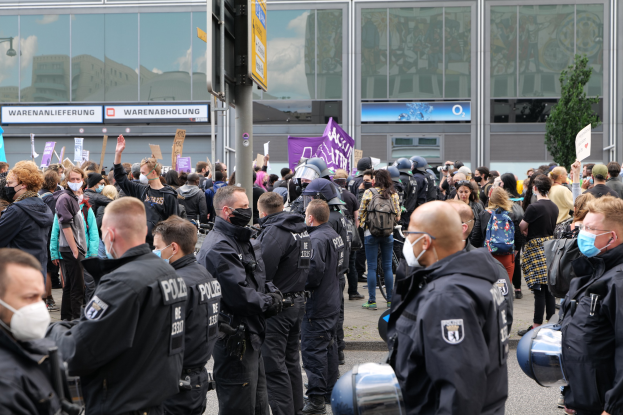 Eine große Gruppe von Menschen, die vor einem Gebäude protestieren, einige halten Schilder und tragen Helme, mit einem Mast und einer Tafel im Vordergrund und einem Baum im Hintergrund.