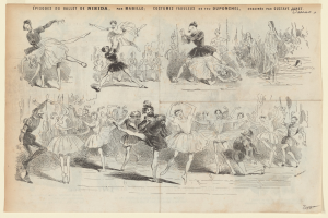 Ein Bild aus einem Buch mit einer Zeichnung von tanzenden Menschen in dynamischen Posen, begleitet von Text, der die Einzelheiten des Ereignisses beschreibt.