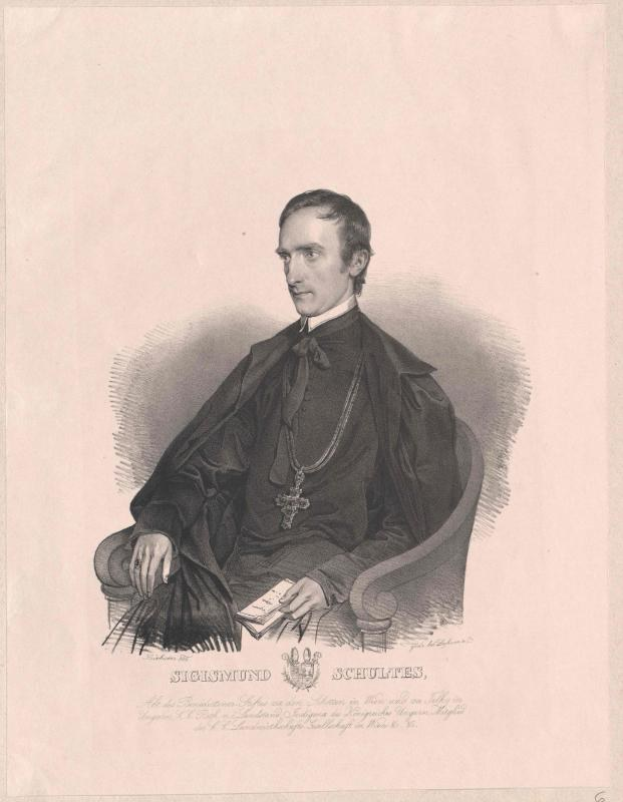 Eine Gravur eines Mannes in schwarzer Robe, der auf einem Stuhl sitzt und ein Buch hält, mit der Inschrift "Sicismund Schultes, der Bundeskanzler der Bundesrepublik Deutschland" unten.