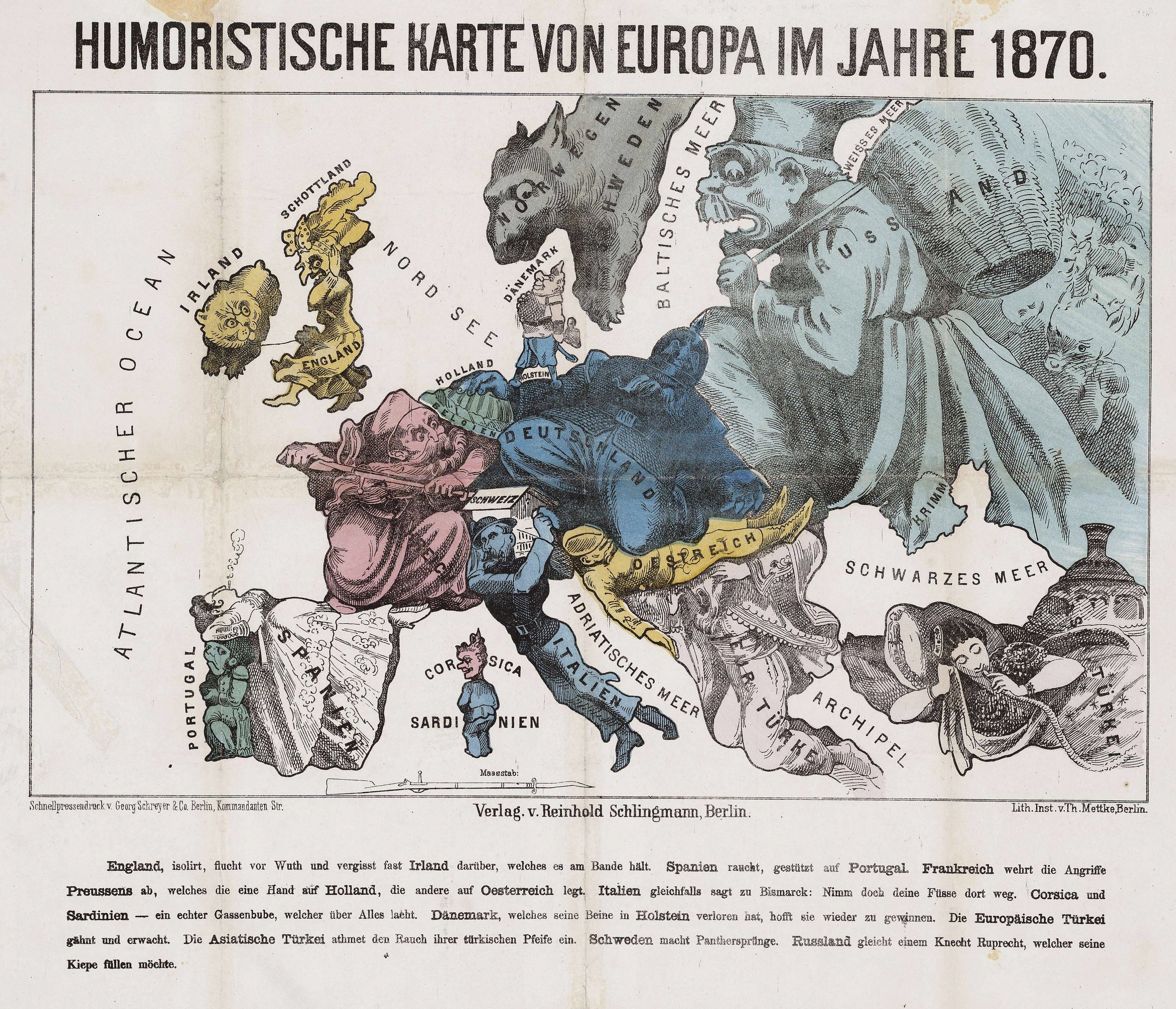 Ein Plakat mit der Aufschrift 'Humoristische Karte von Europa im Jahre 1870', das eine Karte von Europa mit Cartoon-Bildern zeigt.