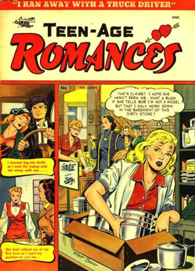 Ein farbenfroher Plakataufkleber mit der Aufschrift "Teen-Age Romances 23-A von DC", der eine Gruppe von Menschen in einer fröhlichen, romantischen Umarmung zeigt, die lächeln und sich in die Augen sehen.