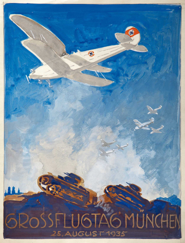 Plakat, das den "Großflugtag München" am 25. August 1935 ankündigt, mit einem Flugzeug, das am Himmel fliegt und andere Flugzeuge im Hintergrund.