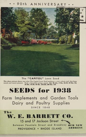 Werbung für W.E. Barrett Co. Saatgut und Landwirtschaftsgeräte aus dem Jahr 1938 mit einer Illustration von Bäumen, Pflanzen und Gras.