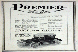 Ein glänzender schwarzer Oldtimer mit einem schlanken, modernen Design ist auf einem Plakat mit der Schrift "Premier Cycle Cars" in fetter, weißer Schrift zu sehen.