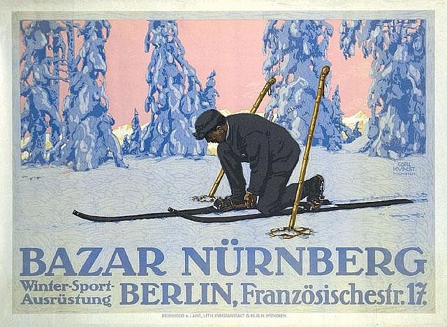 Plakat zum Bazar Nürnberg Winter Sport in Berlin, Deutschland, mit einer Person auf Skiern vor einem Wald und Text auf dem Plakat.