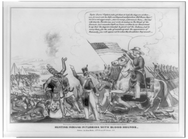 Schwarzes und weißes Foto einer Gruppe von Menschen, einige zu Pferde sitzend, mit einer Flagge im Hintergrund und Text unten mit der Aufschrift "Indians jagen in Florida mit Bluthunden".