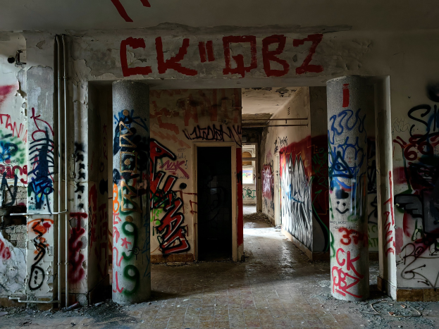 Verlassenes Gebäudeinneres mit Graffiti an den Wänden, sichtbarem Boden, freiliegenden Rohren und einer Tür im Hintergrund, illustriert den Verfall der Stadt.