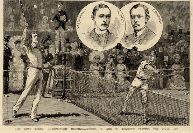 Schwarze und weiße Zeichnung von zwei Männern, die auf einem Court mit Netz Tennis spielen, umgeben von Zuschauern, und Text unten mit der Aufschrift "The Lawn Tennis Championship Meeting - Messers, E und W Renshaw Playing the Final Set".