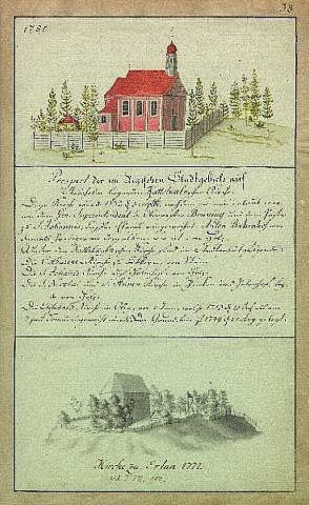 Ein Buchseite mit einer Abbildung eines roten Hauses umgeben von Bäumen und einem Zaun, mit der Beschriftung "Deutsche Schule in den Niederlanden, 1777".