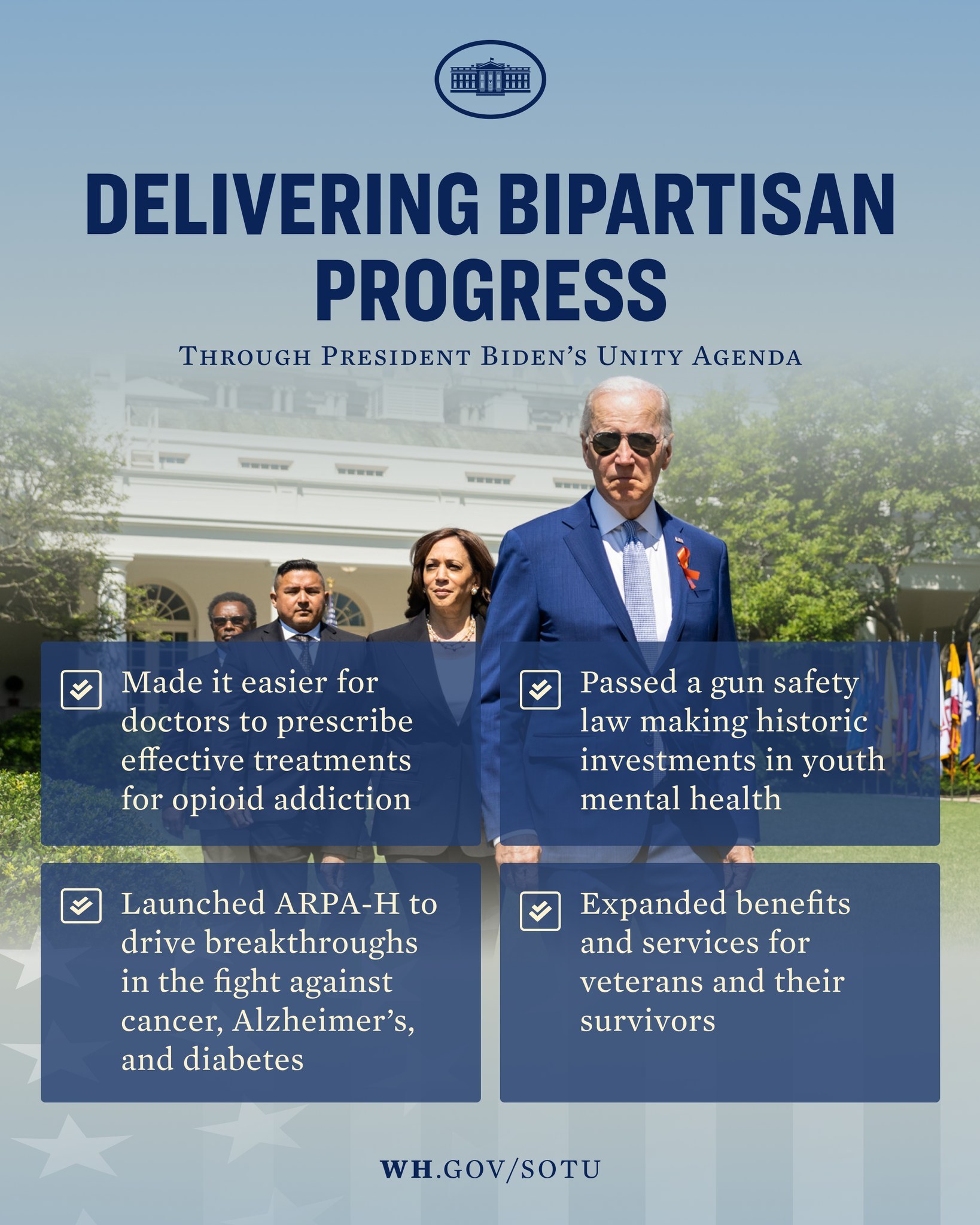 Plakat mit der Aufschrift "Bipartisan Progress Through President Bidens Unity Agenda" mit Bildern von Menschen vor einem Gebäude mit Bäumen und Flaggen.