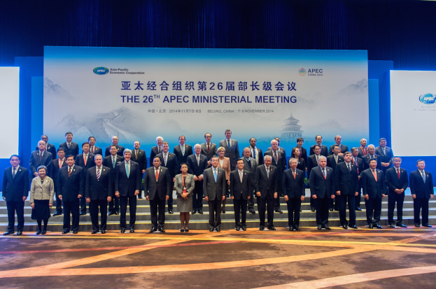 Gruppe von Menschen in formeller Kleidung auf einer Bühne mit einem "Asia Pacific Economic Cooperation Summit"-Display im Hintergrund.