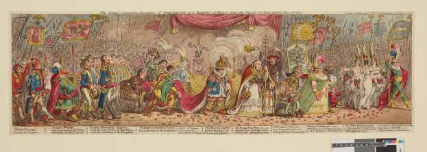 Eine Gruppe von Menschen in bunten Kostümen steht vor einer Bühne mit einem Vorhang, die den Großen Fasching des Napoleon, des Kaisers von Frankreich, von der Kirche Saint-Denis, Dezember 1785, feiern, wobei einige Fahnen und Dekorationen halten.
