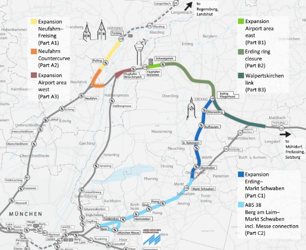 Eine detaillierte Karte einer Stadt mit einer hervorgehobenen Bahnroute von München nach Frankfurt, einschließlich Haltestellen und Umgebung, mit Text, der Bahn-details bereitstellt.