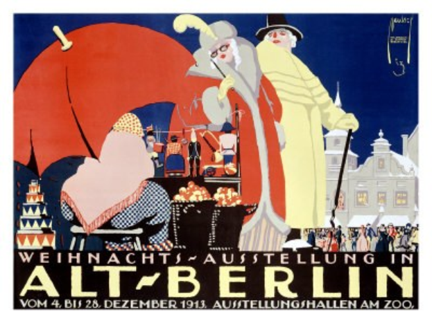 Plakat, das eine Weihnachtsausstellung in Alt-Berlin, Deutschland, ankündigt, mit einer lebendigen Illustration von Menschen, Gebäuden und Gegenständen und dem Text "Weihnachtsausstellung in Alt-Berlin" oben drauf.