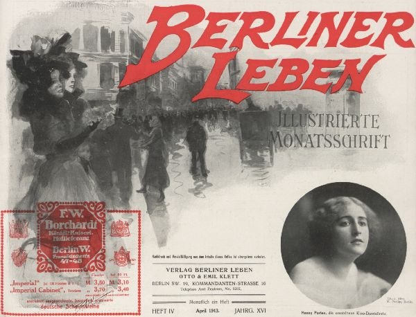 Werbung für den Berliner Leben Film mit einer Frau in einem Kleid und einem Mann in einem Anzug mit Text, einem Stempel und Hintergrundfiguren und -gebäuden.