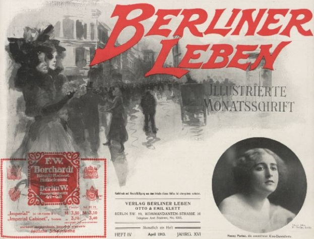 Werbung für den Berliner Leben Film mit einer Frau in einem Kleid und einem Mann in einem Anzug mit Text, einem Stempel und Hintergrundfiguren und -gebäuden.