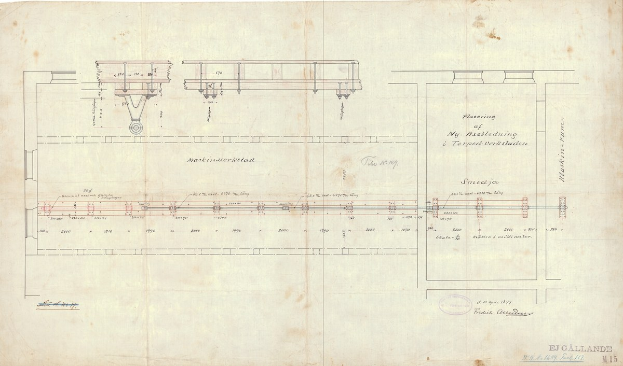 Detailzeichnung einer Eisenbahnschiene auf Papier mit beschrifteten Komponenten und erklärendem Text.
