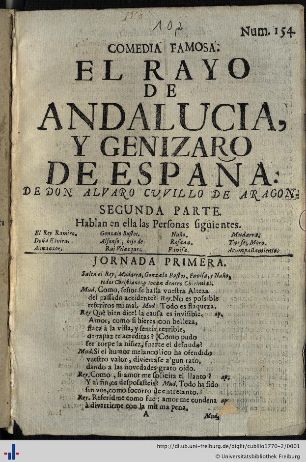 Offenes Buch mit dem Titel "El Rayo de Andalucia y Genizar de España" in fettem schwarzen Text auf leicht gelblichen Seiten, wahrscheinlich eine Sammlung von Komödien.