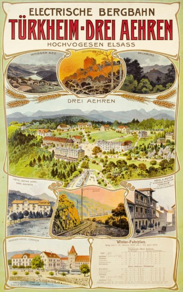 Plakat für Bergbahn, Deutschland als elektrisches Stadt mit Bildern von Gebäuden, Bäumen, Hängen und beschreibendem Text.