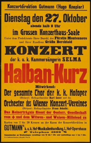Ein gelbes Plakat, das ein Konzert in Berlin, Deutschland, ankündigt, mit der Aufschrift "Konzert Halban-Kurz".