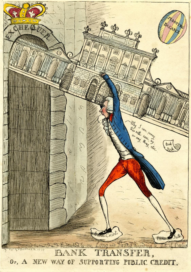 Zeichnung eines Mannes in einem blauen Jackett und roten Hosen mit einer Krone, der vor einem Gebäude steht, mit Text unten lesend "Banktransfer, oder, eine neue Art der Unterstützung von öffentlichem Kredit."