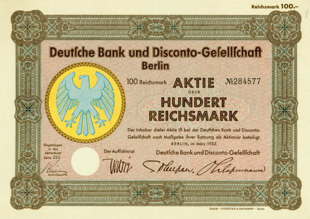 Deutsche Banknote mit einer Vogeldarstellung und der Aufschrift "Deutsche Bank und Disconto-Gesellschaf Berlin".