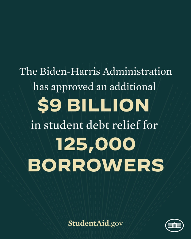 Ein Plakat mit dem Text "Die Biden-Harris-Regierung hat weitere 9 Milliarden Dollar für die Tilgung von Studienkrediten für 125.000 Schuldner genehmigt" und einem Logo unten.