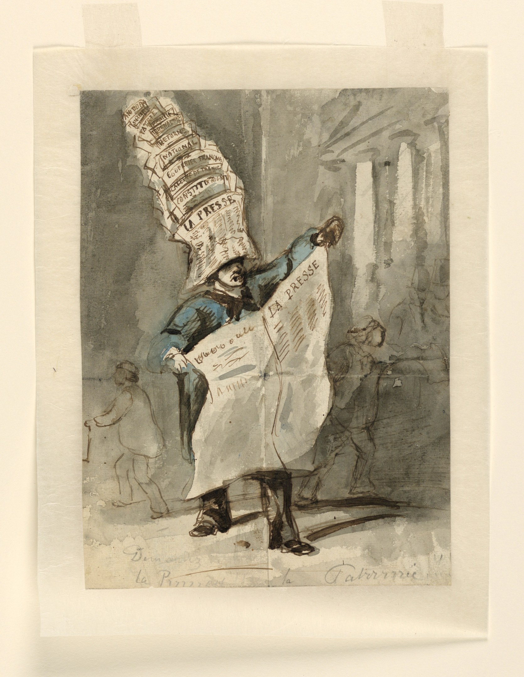 Ein Mann mit einer Zeitung auf dem Kopf, der einen Hut trägt und entschlossen aussieht, steht vor einer Gruppe Menschen, die gespannt zuschauen.