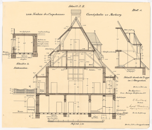Ein detailliertes architektonisches Zeichnung eines Hauses mit zahlreichen Fenstern und einem Dach, beschriftet als das erste Haus in Deutschland, begleitet von Plänen und Text auf Papier.