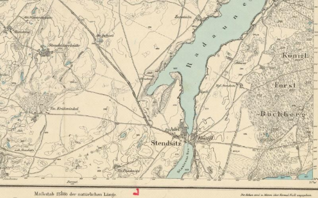 Ein altes Stadtplan von Stendsitz, Deutschland, das Straßen, Gebäude, Sehenswürdigkeiten und einen durch die Stadt fließenden Fluss zeigt, mit Textangaben zur Bevölkerung, Bevölkerungsdichte und Lage.