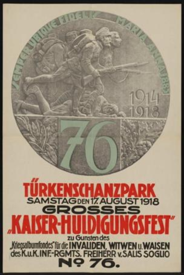 Plakat zum 70. Jubiläum des Kaiser-Huldigungsfestes in Berlin, Deutschland, das eine Gruppe von Menschen in der Mitte zeigt, umgeben von Text und Zahlen, in einem Foto Rahmen.