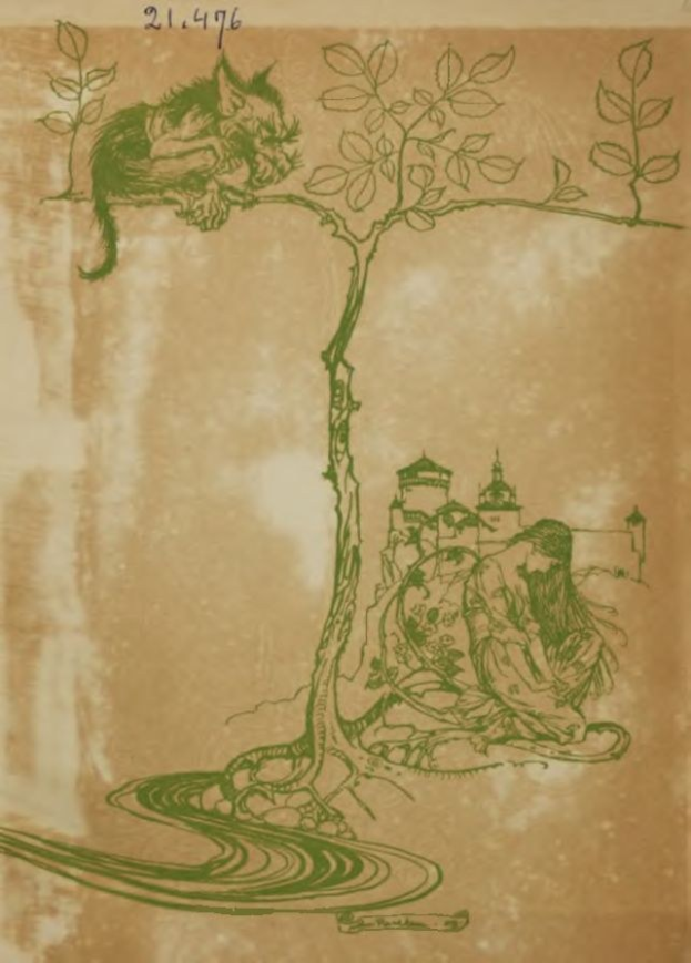 Eine Zeichnung eines üppigen grünen Baums mit einer Katze, die auf einem Ast sitzt und nach oben schaut, und geschwungene Schrift auf dem Papier.