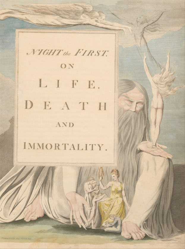 Ein Plakat mit einer leuchtenden Painting von Menschen, die in einem Kreis unter hellem Licht stehen, mit fetter Schrift, die "Night the First on Life, Death and Immortality" liest.
