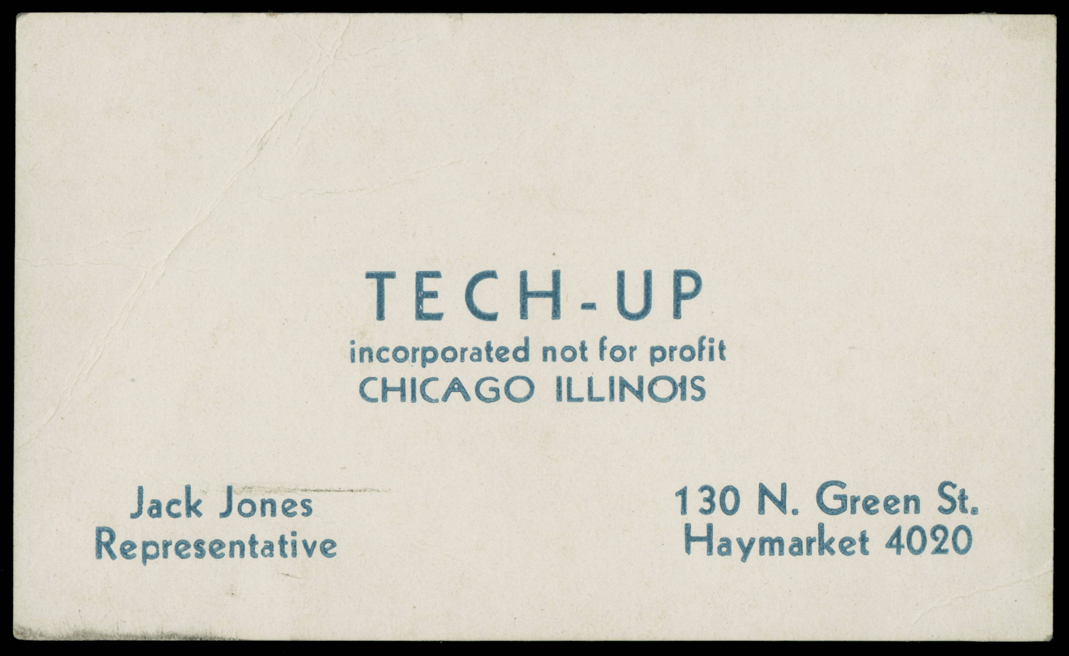 Business Card mit dem Text "tech-up incorporated not for profit" auf schwarzem Hintergrund.