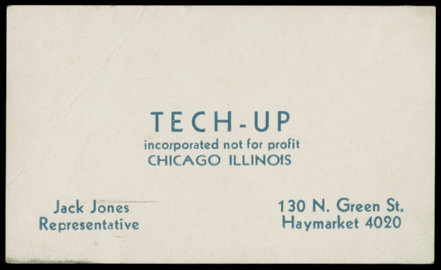 Business Card mit dem Text "tech-up incorporated not for profit" auf schwarzem Hintergrund.