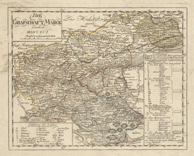 Ein detailliertes altes Stadtplan von München, Deutschland, mit Straßen, Parks und Sehenswürdigkeiten in Blau-, Grün- und Gelbtönen, eingerahmt von einem dekorativen Rand.