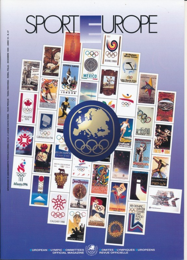 Ein Buchumschlag mit dem Titel "Sport in Europa", der farbenfrohe Bilder und Texte über die Olympischen Spiele in Europa enthält.