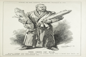 Ein altes Buch mit einer Zeichnung eines Mannes, der eine Rakete hält, betitelt mit "Die Kriegsgeister".