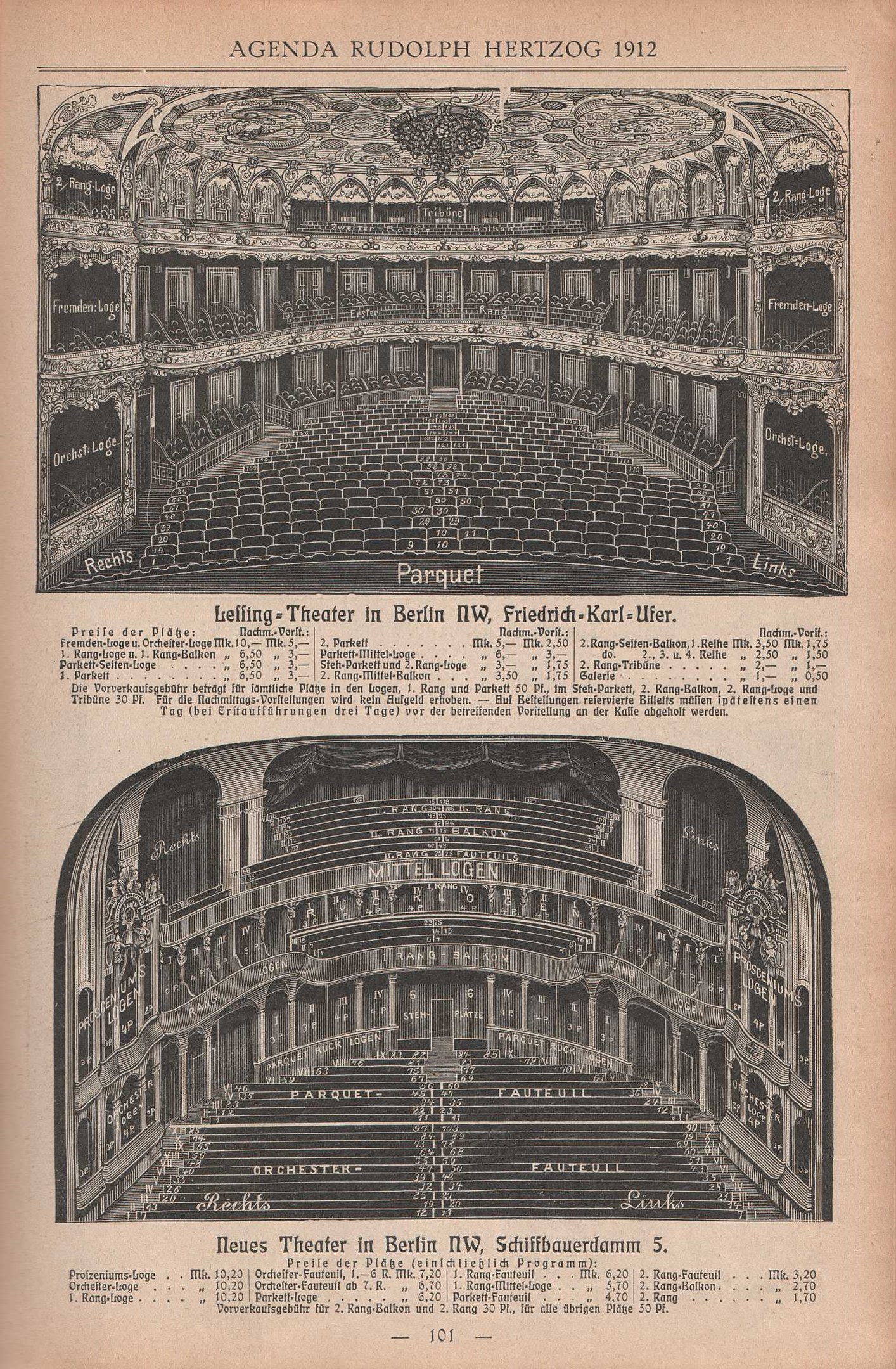 Schwarz-weiß-Illustration eines großen Berliner Auditoriums aus dem Jahr 1912, begleitet von Text, der das Layout beschreibt.