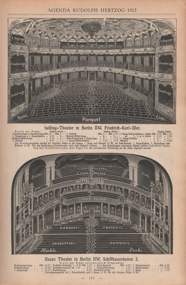 Schwarz-weiß-Illustration eines großen Berliner Auditoriums aus dem Jahr 1912, begleitet von Text, der das Layout beschreibt.