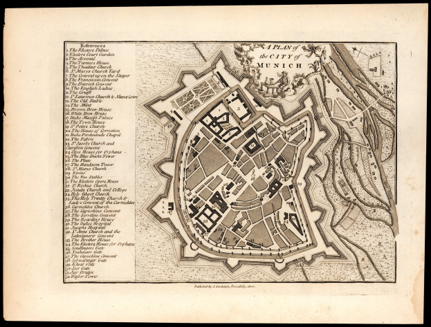 Detailreiches altes Stadtplan von München, Deutschland, auf schwarzem Hintergrund, der Straßen, Gebäude und Sehenswürdigkeiten mit beschriftetem Text zeigt.