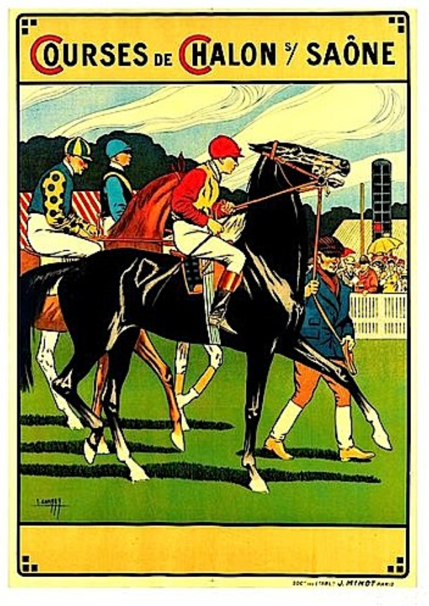 Plakat, das ein Pferderennen mit Jockeys auf Pferden zeigt, umgeben von einer Menge hinter einem Zaun, mit Bäumen und einem bewölkten Himmel im Hintergrund, mit Text, der die Rennstrecken beschreibt.
